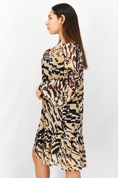 Esprit Women V-Neck Long Sleeve Allover Printed Mini Dress, Brown Combo