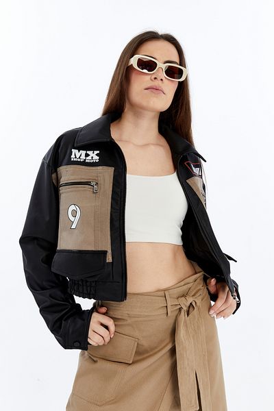 CHOS7N Γυναικείο τζιν μπουφάν Oversize με δερμάτινο γαρνιρισμένο παλτό Biker με στάμπα Racinger College Bomber Jacket