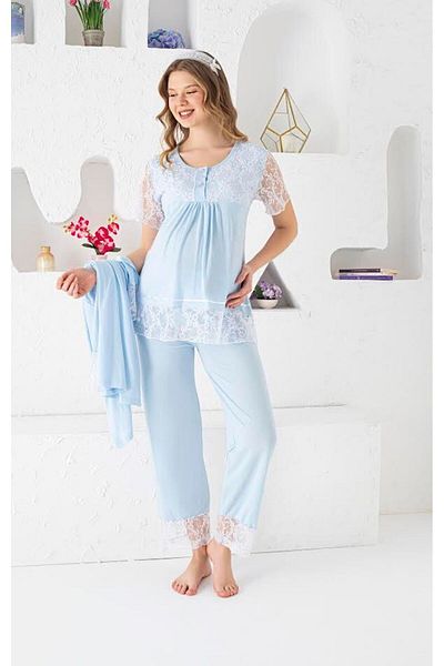 JENİKA Set de pijamale din 3 piese pentru gravidă, cu mâneci lungi, cu detaliu din dantelă, cu nasturi deschise