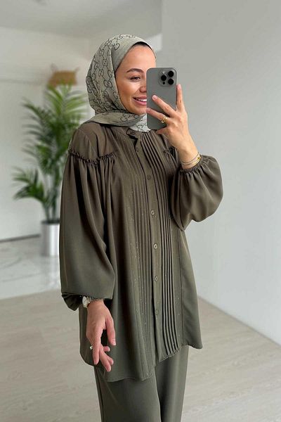 Ka Hijab Sparkling Pleated Detailed Suit - Khaki
