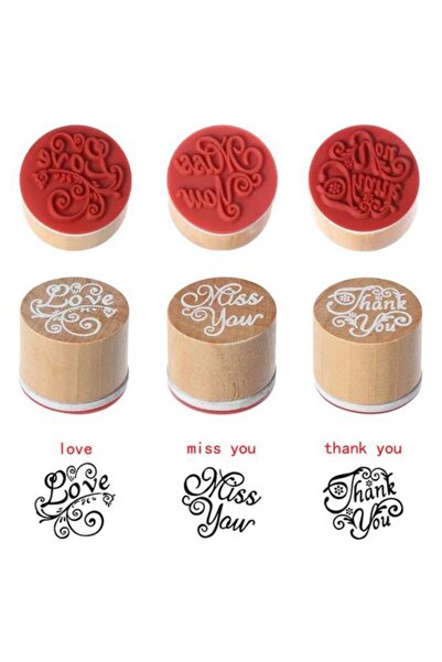 Mühürcüm Ahşap Damga 3 lü Mühür Set Love - Miss You - Thank You Temalı
