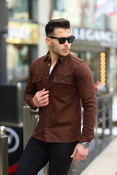 Pobudo Brown Color Double Pocket Snap Fastener Denim Shirt