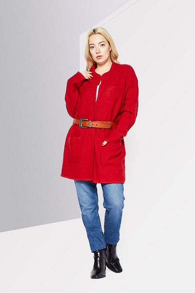 IKKS Women Belted Split Neck Textured Cardigan, Red