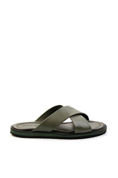 Bambi Ανδρικές δερμάτινες παντόφλες χακί E04801040140