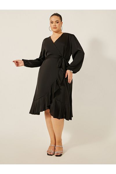 Styli Plus Size Balloon Sleeve Wrap Midi Dress