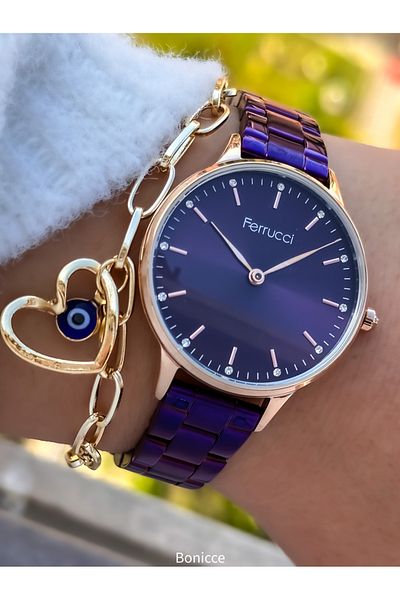 Ferrucci Brand Steel Cord, Stoned Stylish Dial, Waterproof, Purple Color Women's Wristwatch + Bracelet
