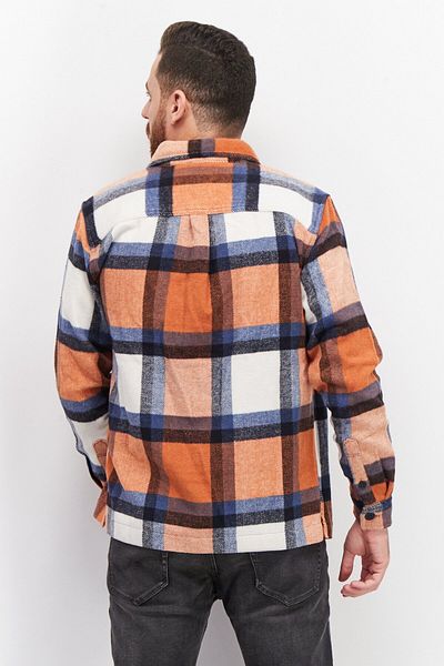 CELIO Men Spread Collar Long Sleeve Checkered Shirt Jacket, Orange/Blue Combo