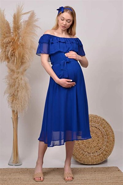 Dipmoda kadın saks mavisi baby shower şifon hamile elbise DPHML8060