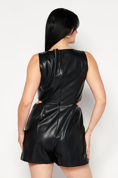 Avec Les Filles Women Sleeveless Solid Faux Leather Cut Out Playsuit, Black