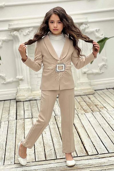 Riccotarz Girl's Ruffle Collar Tulle Stand Collar Sweater Blazer Jacket Gray Cream Bottom Top Set