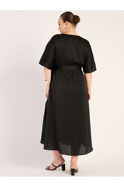 Femmella By Styli Plus Size Self Striped Front Slit Detail A-Line Midi Dress