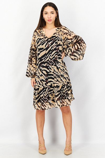 Esprit Women V-neck Long Sleeve Allover Printed Mini Dress, Brown Combo