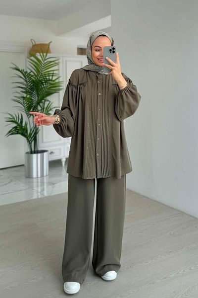 Ka Hijab Sparkling Pleated Detailed Suit - Khaki
