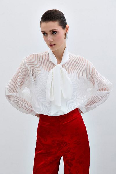 Sateen Zebra Patterned Shirt with Scarf - Ecru