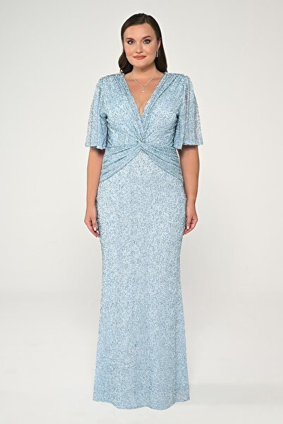 ALFABETA Alpha Beta Women's V Neck Short Sleeve Beaded Fabric Long Evening Dress