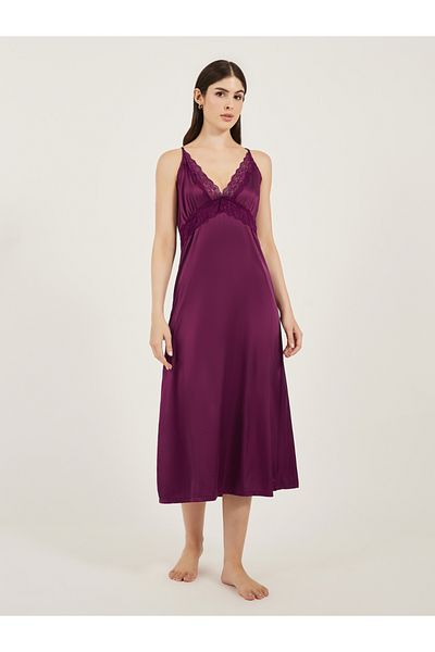 Styli Burgundy Sleeveless Satin Nightdress with Lace Detail