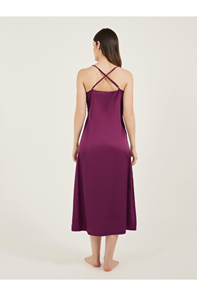 Styli Burgundy Sleeveless Satin Nightdress with Lace Detail