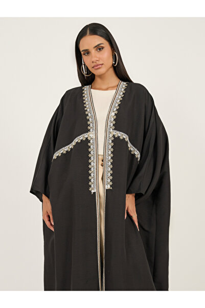 Styli Lace Trim Collarless Open Front Abaya
