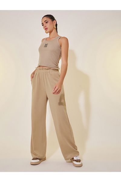 Styli Solid Elasticated Waistband Ruffled Trim Pants