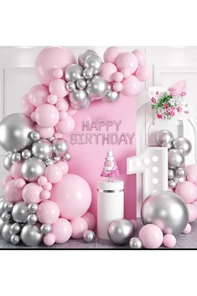 Çemrek Süs Parti Pink and Silver Chrome Balloon Chain Set of 100