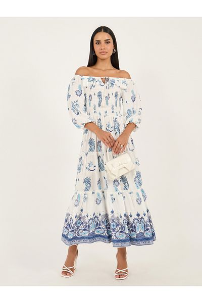 Styli Bohemian Print Off Shoulder Neck Tiered Midi Dress