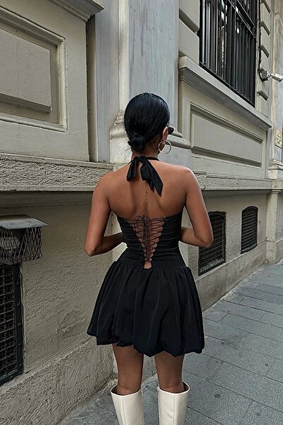 Eka Kadın Siyah Boyundan Bağlamalı Elbise 1026-221625