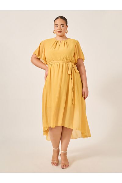 Styli Plus Size Plain Belted High-Low A-Line Maxi Dress