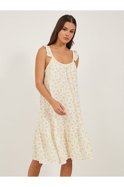 Styli COTTON GAUZE DITSY FLORAL PRINT RUFFLE SLEEVE and HEM SLIPDRESS - KNEE