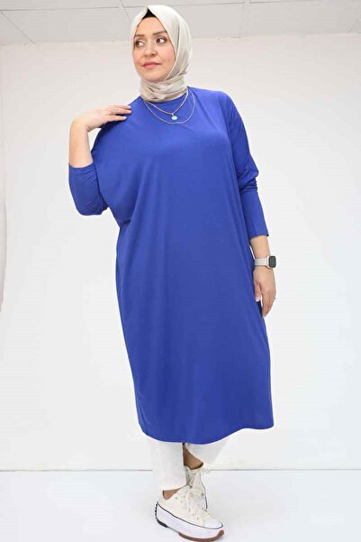 Eslina 28095 Μεγάλο μέγεθος Χαμηλό μανίκι Βαμβακερό μακρύ τουνίκ - Indigo