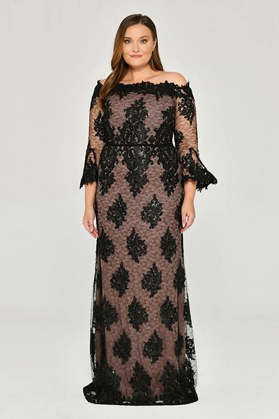 ALFABETA Alpha Beta Long Sleeve Tulle Sequin Long Evening Dress