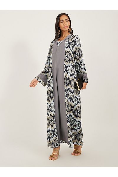 Styli All Over Print Flat Collared Panelled Jalabiya