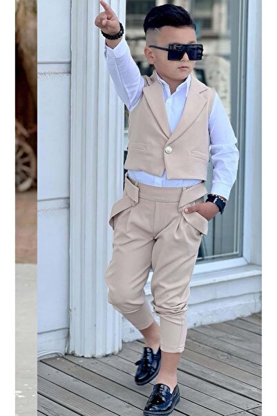 Riccotarz Erkek Çocuk Gümüş Düğme Detaylı Yelek Gabardin Beyaz Gömlek Krem Alt Üst Takım