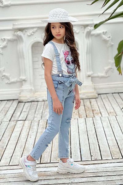 Riccotarz Girl's Digital Printed T-Shirt with Slits and Cat Detail Blue Jean Salopet Set