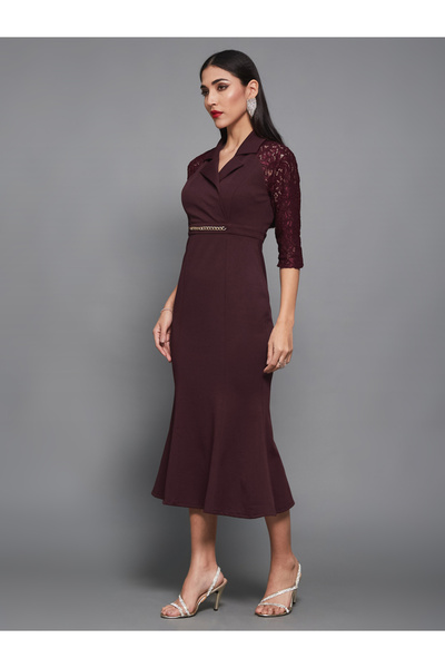 Styli Lace 3/4 Sleeves Collared Mermaid Midi Dress