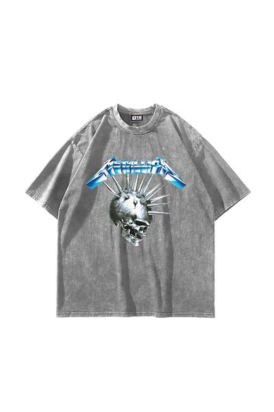 Sekizbiraltı Metallica Premium Blue Skull Printed Oversize Unisex Πλενόμενο λευκό μπλουζάκι