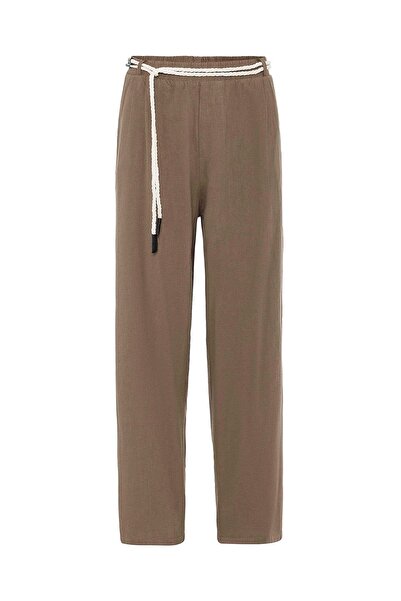 VAMOSCLO Λεπτομερές λινό παντελόνι oversized με ζώνη καφέ