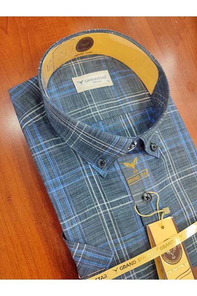 Grand Star Güncüoglu 100% Cotton Linen Short Sleeve Classic Plaid Men's Shirt with Pocket