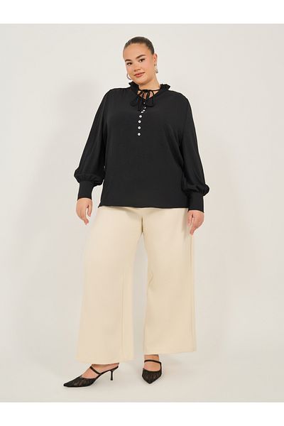Styli Plus Size Balloon Sleeve Tie-Up Neck Blouse