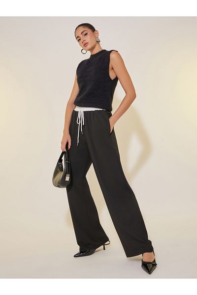 Styli Solid Loose Fit Lace Detail Pants with Drawstring