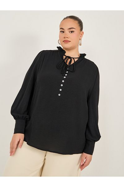 Styli Plus Size Balloon Sleeve Tie-Up Neck Blouse