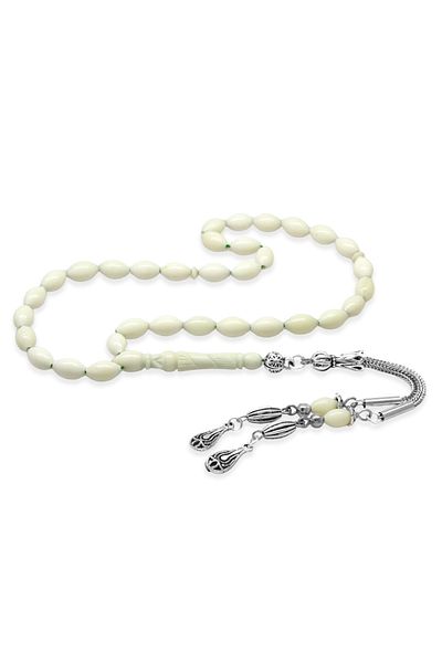 Tesbihane Anti-Tarnish Metal Rosary with Barley Cut - Tasseled, Ankle Length, Camel Bone