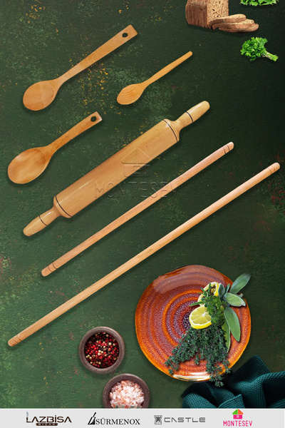 MONTESEV Zümrüt Serisi Ahşap Hamur Açma Oklavası Merdanesi Ahşap Kaşık Seti 6...