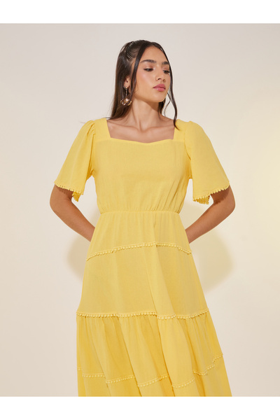 Take Two By Styli Solid Square Collar Tiered Midi Dress