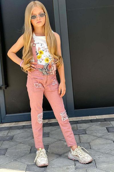 Riccotarz Girl's T-Shirt, Flower Print and Rose Kuruslu Jeans Salopet Set