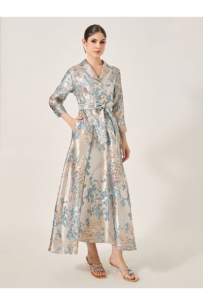 Styli Jacquard A-Line Maxi Dress with Tie Belt