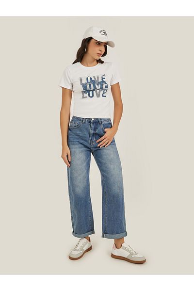 Styli Slogan Print Round Neck Short Sleeve T-Shirt
