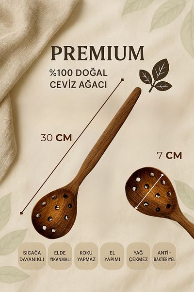 Ülgenev 1 Piece 30 cm Handmade Walnut Tree |   100% Natural Wood Kitchen Product |   Perforated Serving Spoon