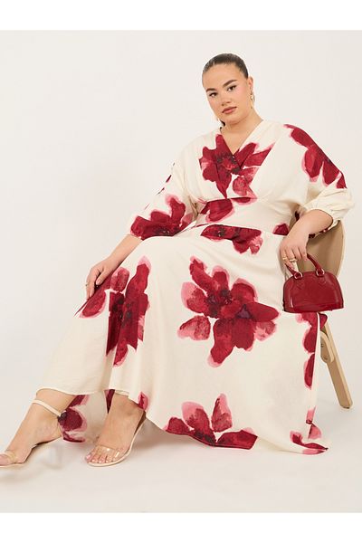 Styli Plus Size Printed V-Neck A-Line Maxi Dress