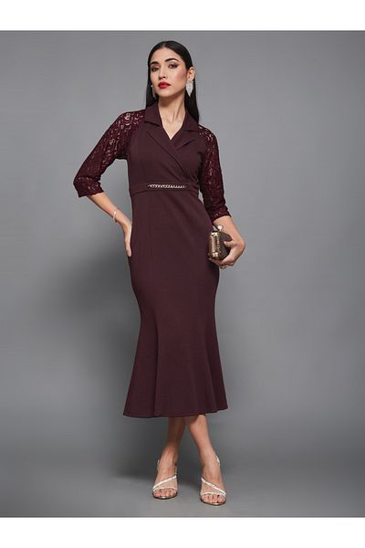 Styli Lace 3/4 Sleeves Collared Mermaid Midi Dress