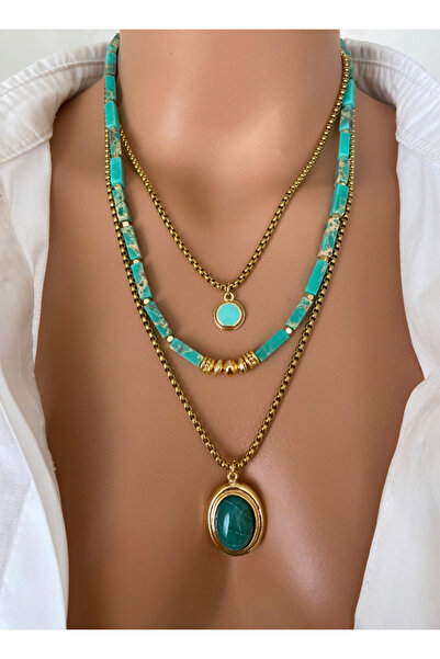 TARZ-I TAKI ÜÇ KOLYE Doğal Taş Açık Yeşil Varİsit Taşı Çelik Zincir Altın Kap...